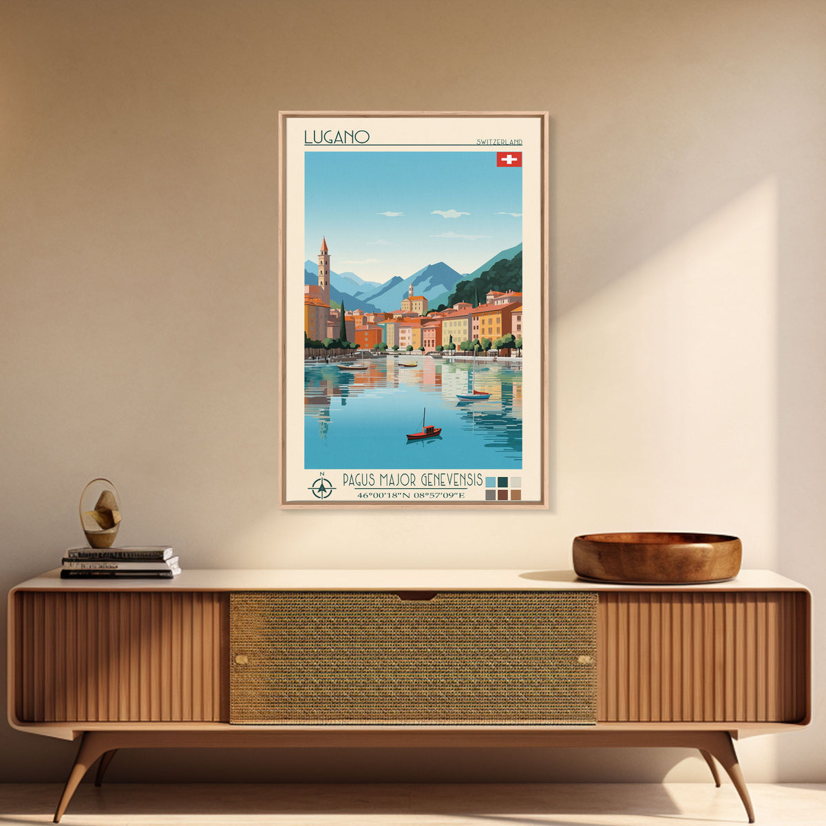 Lugano Switzerland Travel Poster Framed Canvas Print, Midcentury Modern Art, Pop Art Wall Decor, Scenic Art, Bedroom and Living Room Decor