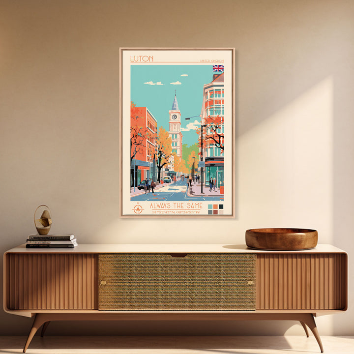 Luton United Kingdom Travel Poster Framed Canvas Print, Wall Decor, Midcentury Modern Art, Pop Art, Scenic Art for Living Room and Office