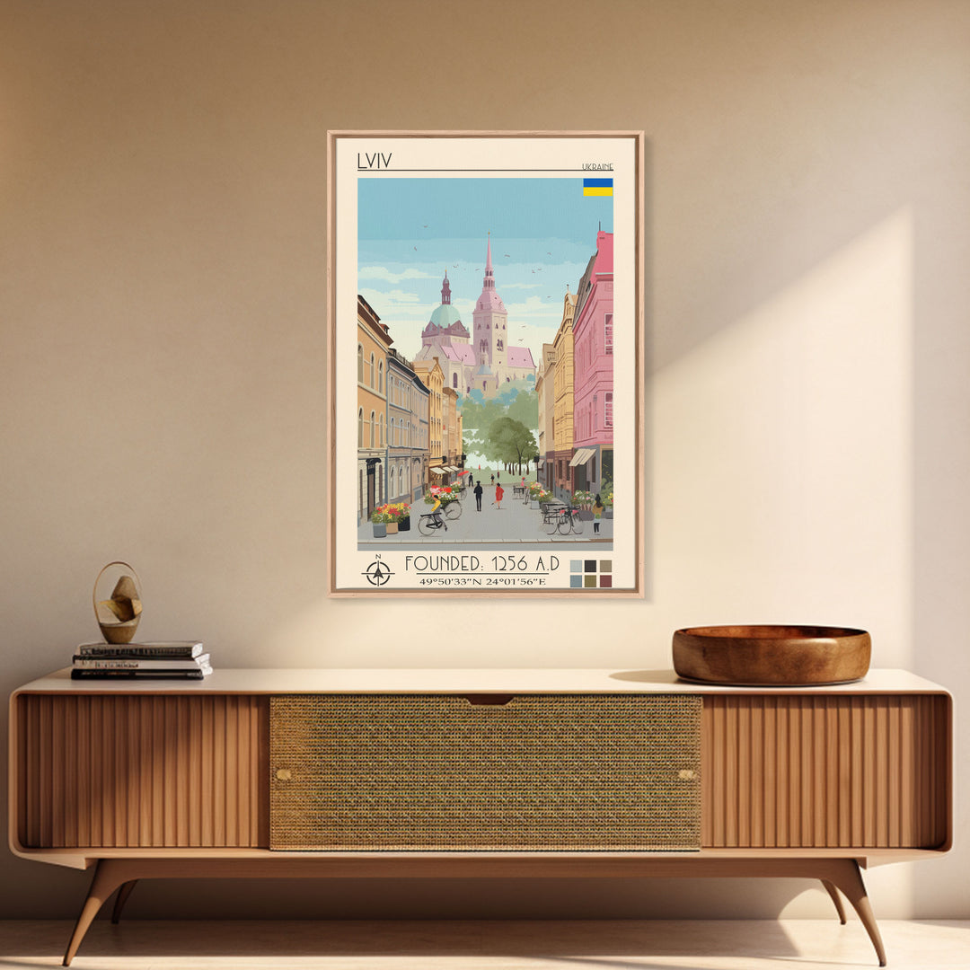 Lviv Ukraine Travel Poster Framed Canvas Print, Wall Decor, Midcentury Modern Art, Pop Art, Scenic Art for Home and Office