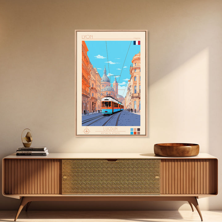 Lyon France Travel Poster Framed Canvas Print, Midcentury Modern Art, Pop Art Wall Decor, Scenic Bedroom Art, Office Decoration