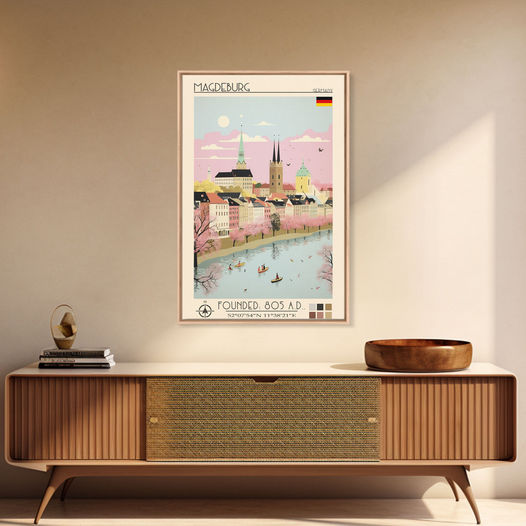 Magdeburg Germany Travel Poster Framed Canvas Print, Midcentury Modern Art, Pop Art Wall Decor, Home Decor, Vacation Gift, Office Art