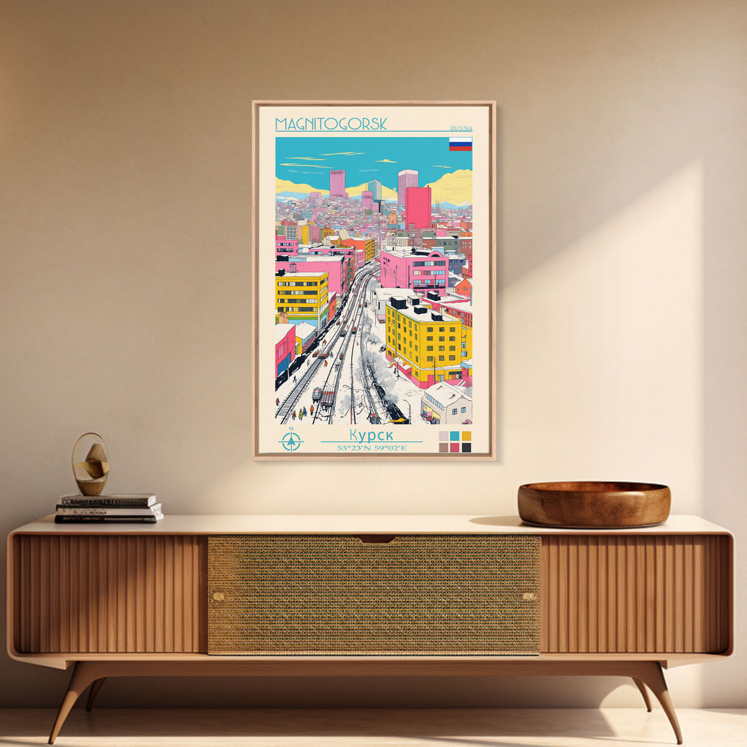 Magnitogorsk Russia Travel Poster Framed Canvas Print, Midcentury Modern Art, Pop Art Wall Decor, Scenic Living Room Art, Bedroom Gift