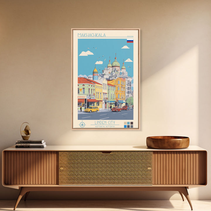 Makhachkala Russia Travel Poster Framed Canvas Print, Midcentury Modern Art, Pop Art Wall Decor, Scenic Wall Art, Living Room Decoration, Office Art