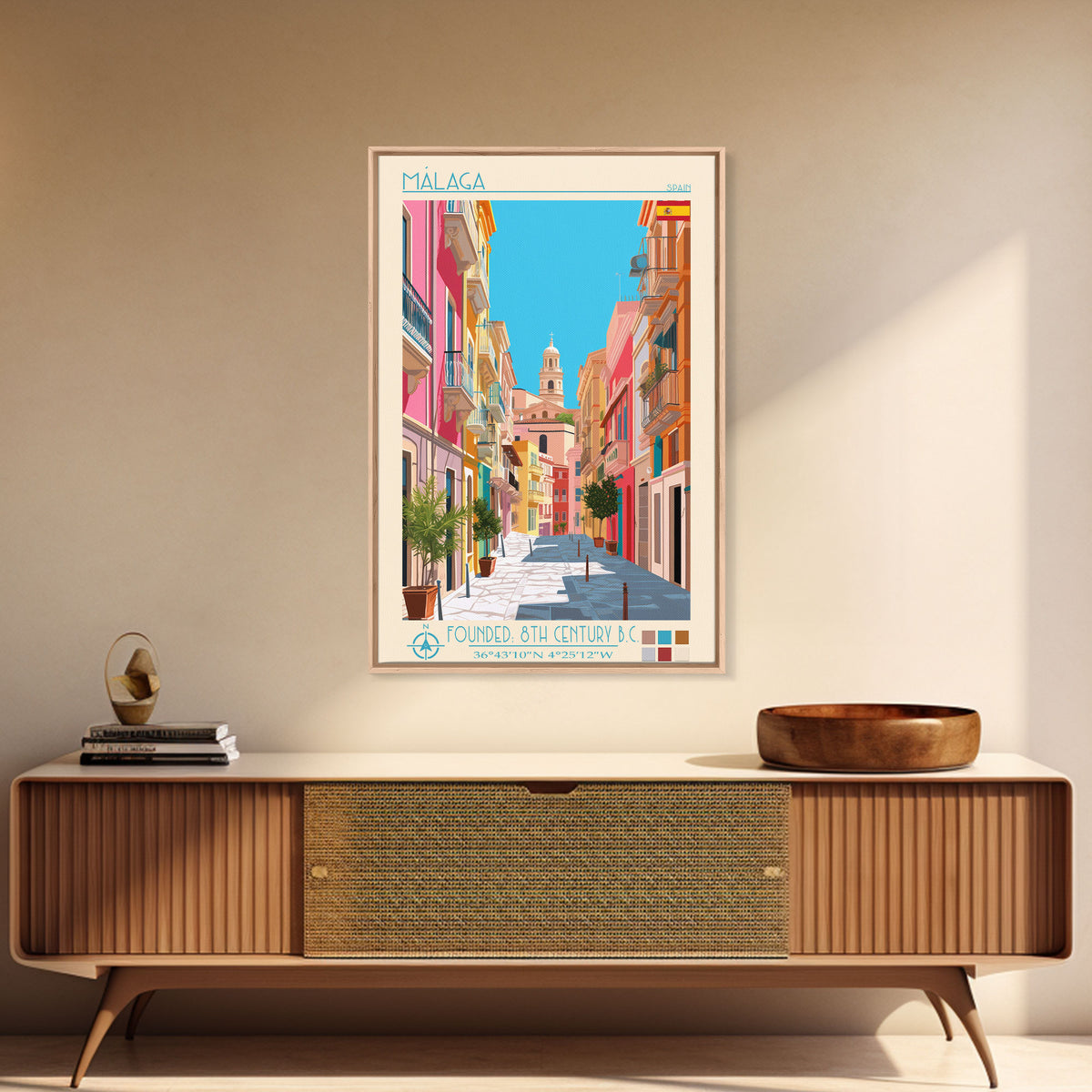 Málaga Spain Travel Poster Framed Canvas Print, Vintage Style, Pop Art Home Decor, Scenic Wall Art, Bedroom Decoration, Office Gift