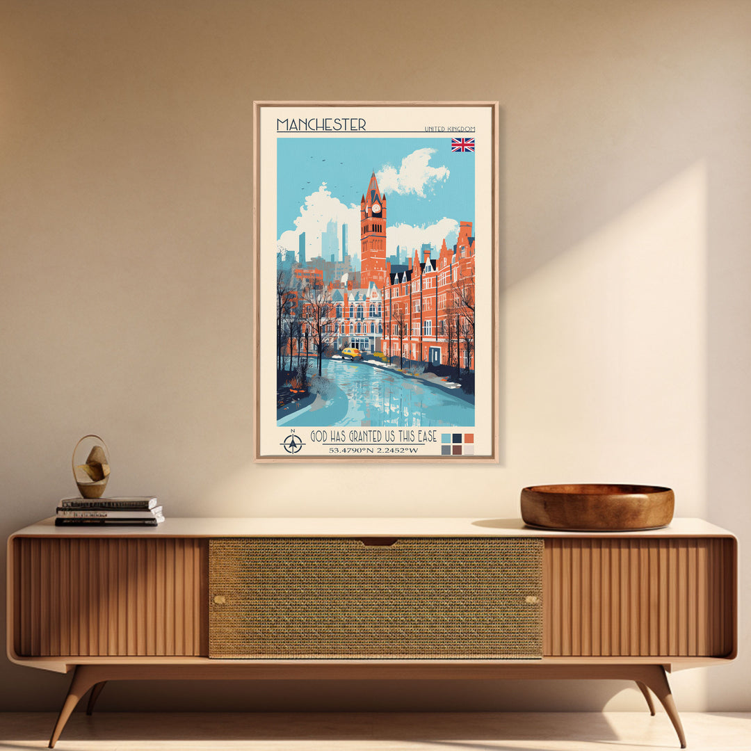 Manchester United Kingdom Travel Poster Framed Canvas Print, Midcentury Modern Art, Pop Art Wall Decor, Scenic Wall Art, Living Room Decoration, Office Art