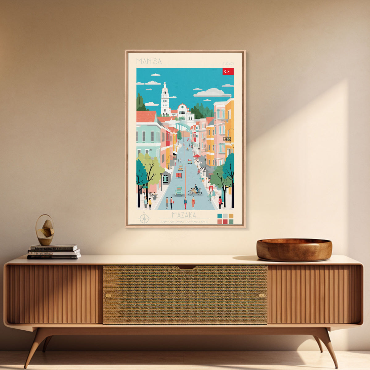 Manisa Turkey Travel Poster Framed Canvas Print, Midcentury Modern Art, Pop Art Wall Decor, Scenic Bedroom Art, Office Decoration