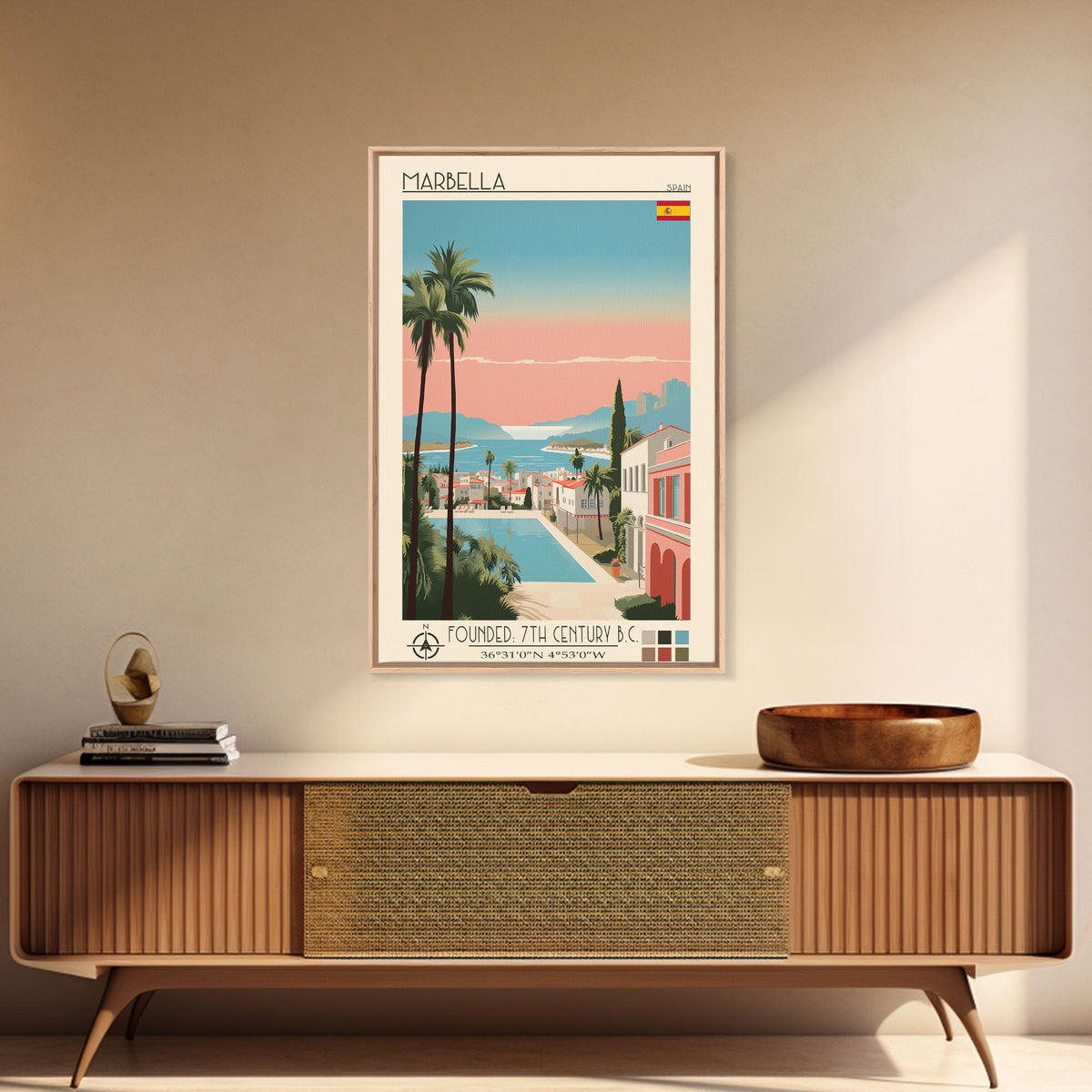 Marbella Spain Travel Poster Framed Canvas Print, Midcentury Modern Art, Pop Art Wall Decor, Scenic Living Room Art, Bedroom Decor