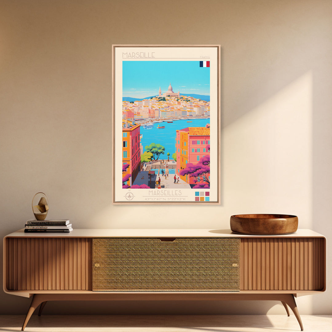 Marseille France Travel Poster Framed Canvas Print, Midcentury Modern Art, Pop Art Wall Decor, Scenic Living Room Art, Bedroom Gift