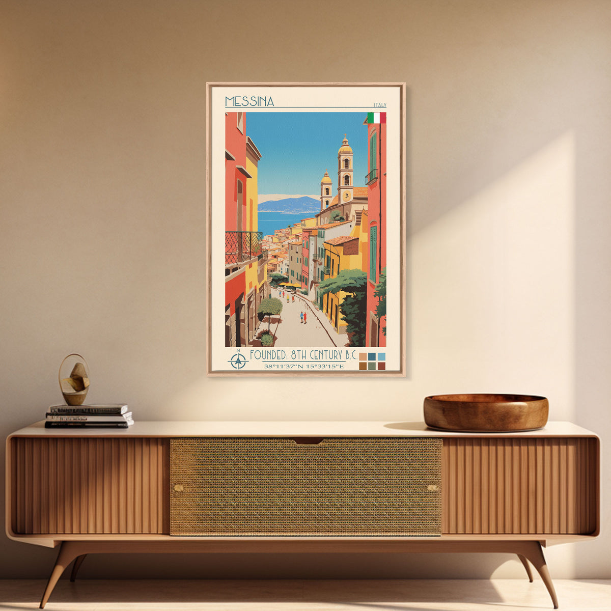 Messina Italy Travel Poster Framed Canvas Print, Midcentury Modern Art, Pop Art Wall Decor, Scenic Wall Art, Bedroom Decoration