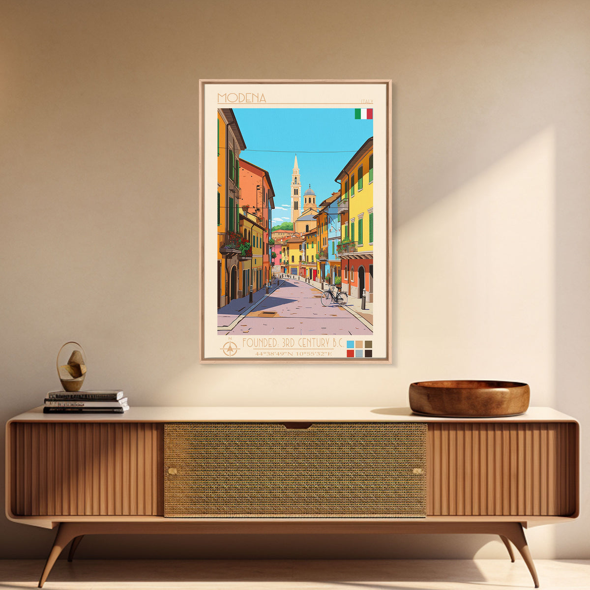 Modena Italy Travel Poster Framed Canvas Print, Vintage Style, Pop Art Home Decor, Scenic Wall Art, Bedroom Decoration, Office Gift