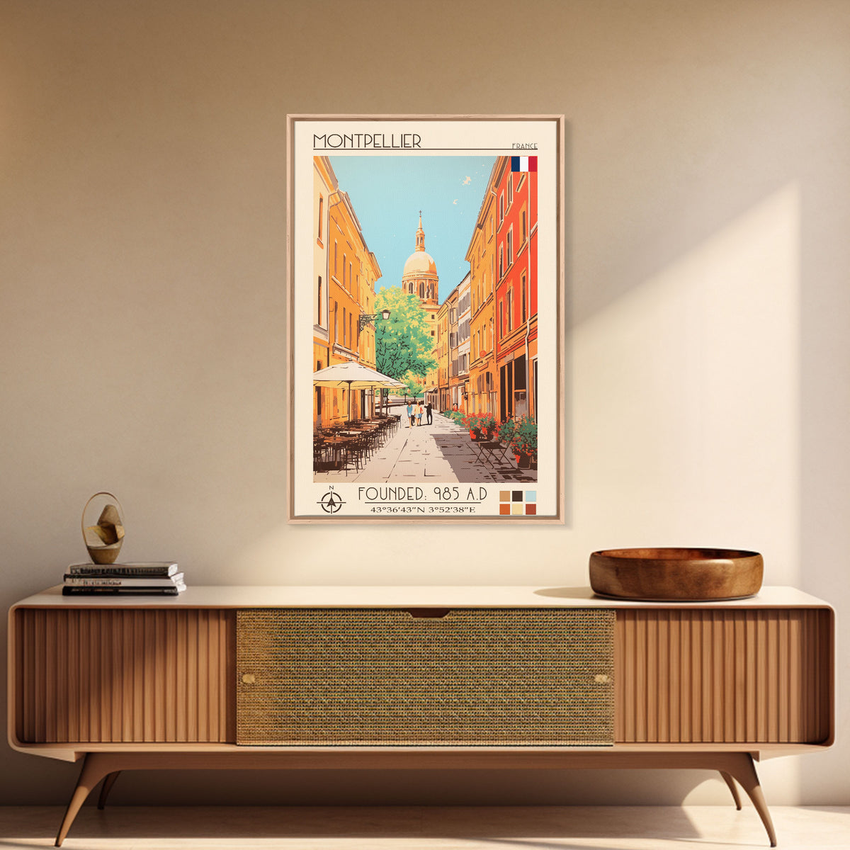 Montpellier France Travel Poster Framed Canvas Print, Midcentury Modern Art, Pop Art Wall Decor, Scenic Living Room Art, Bedroom Gift