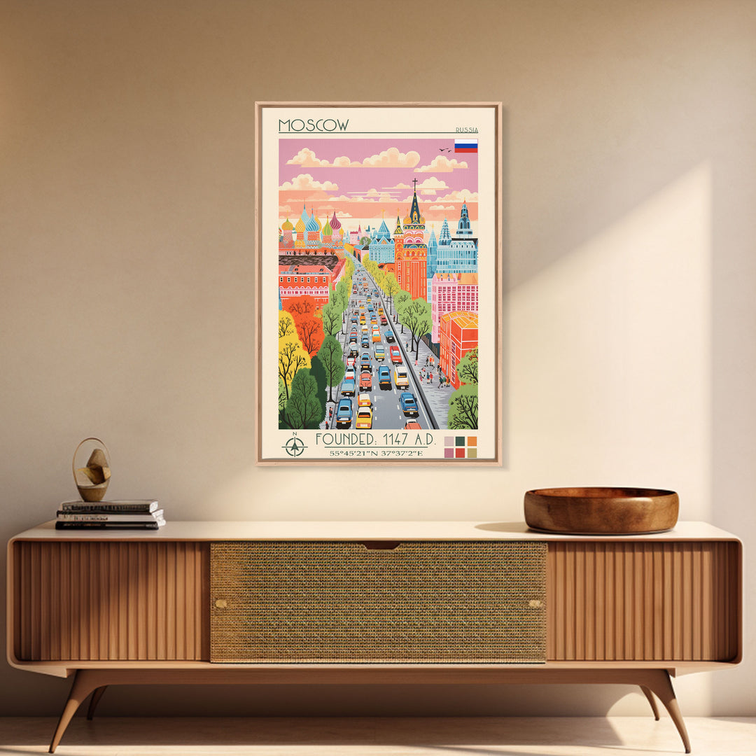 Moscow Russia Travel Poster Framed Canvas Print, Midcentury Modern Art, Pop Art Wall Decor, Scenic Wall Art, Living Room Decoration, Office Art