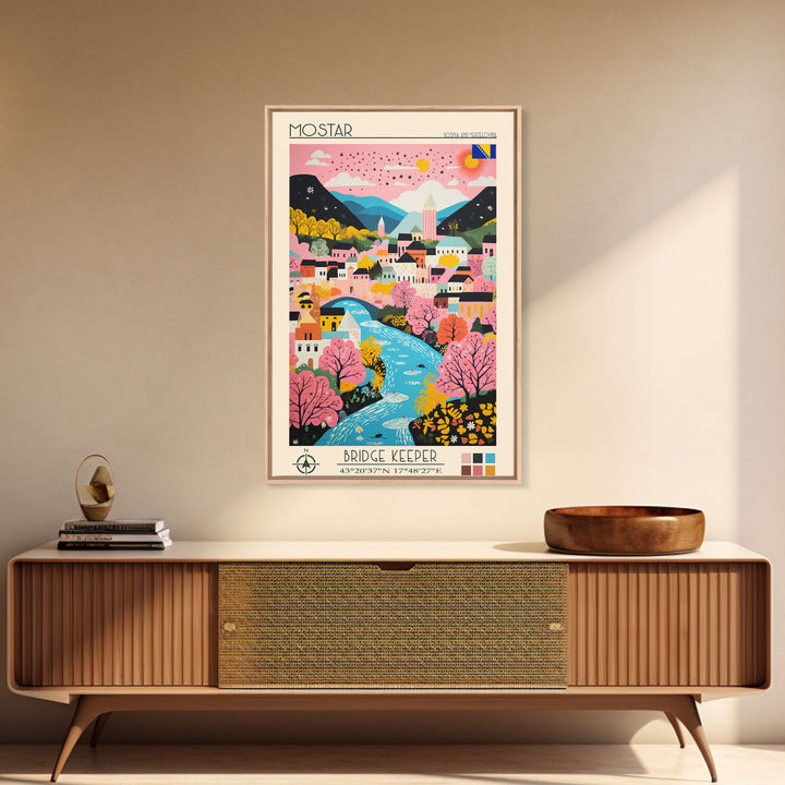 Mostar Bosnia and Herzegovina Travel Poster Framed Canvas Print, Midcentury Modern Art, Pop Art Wall Decor, Home Decor, Vacation Gift, Bedroom Art
