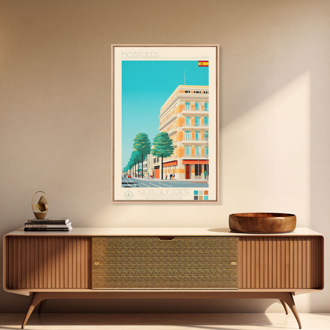 Mostoles Spain Travel Poster Framed Canvas Print, Midcentury Modern Art, Pop Art Wall Decor, Home Decor, Vacation Gift, Office Art