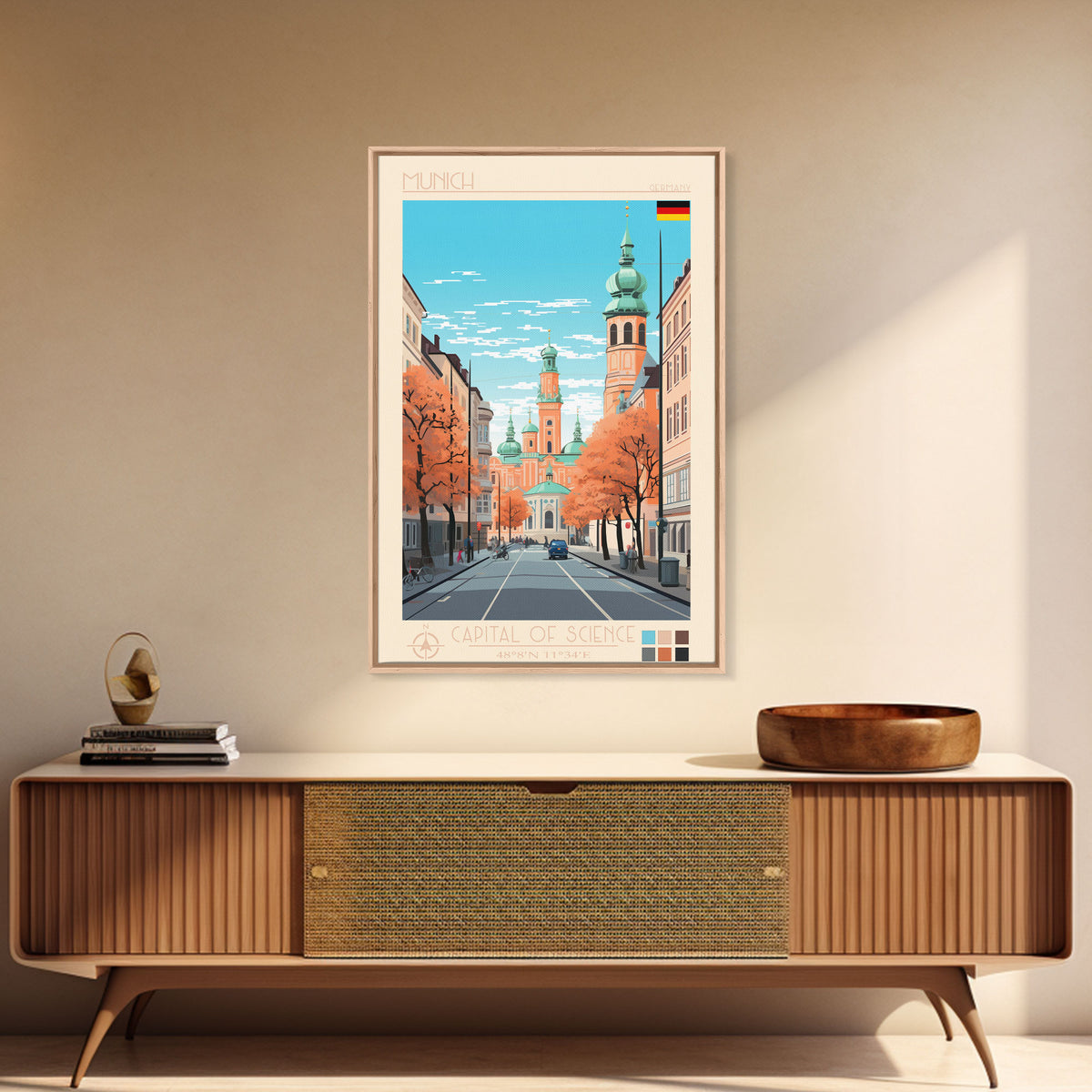 Munich Germany Travel Poster Framed Canvas Print, Midcentury Modern Art, Pop Art Wall Decor, Scenic Wall Art, Living Room Decoration, Office Gift