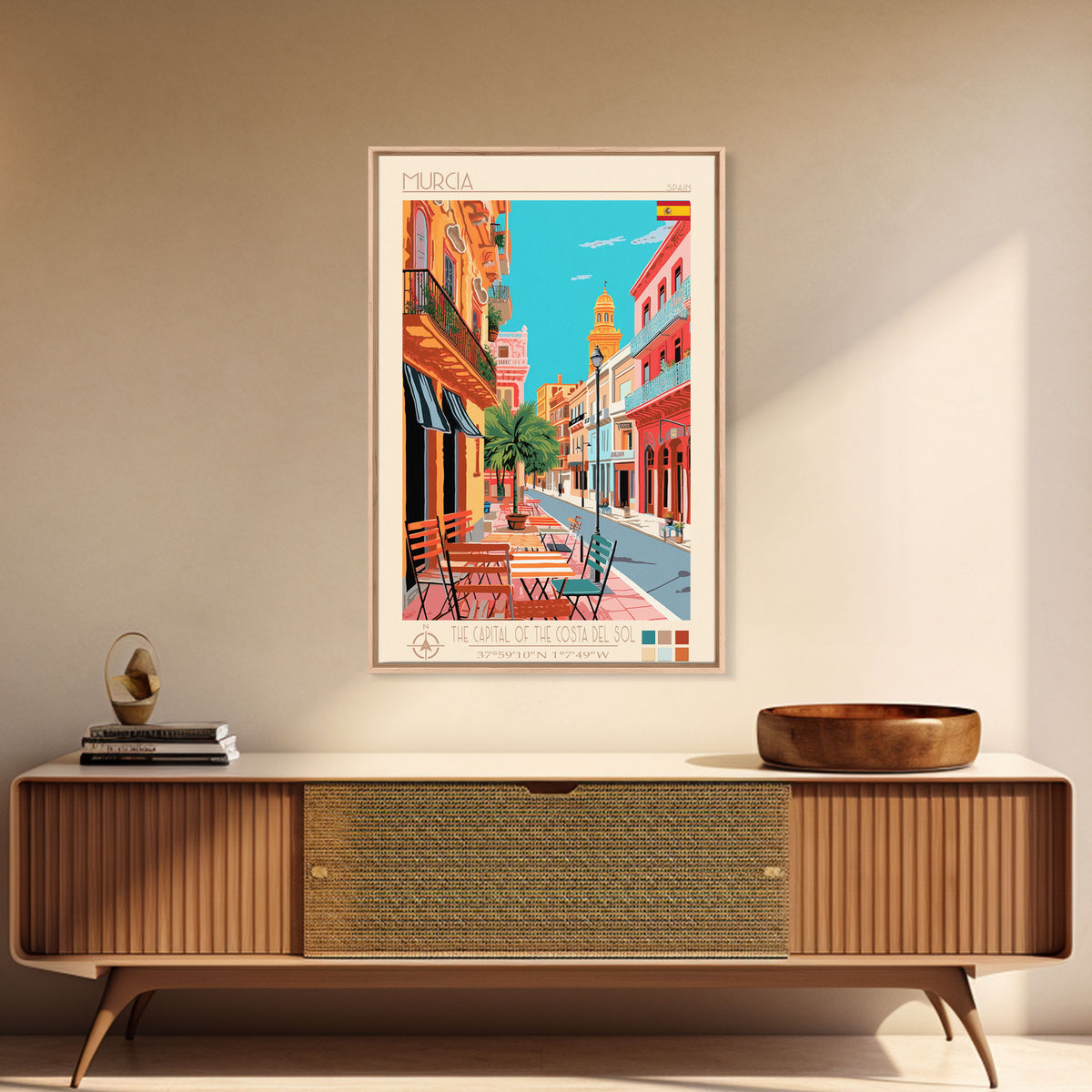 Murcia Spain Travel Poster Framed Canvas Print, Midcentury Modern Art, Pop Art Wall Decor, Scenic Wall Art, Bedroom Decoration