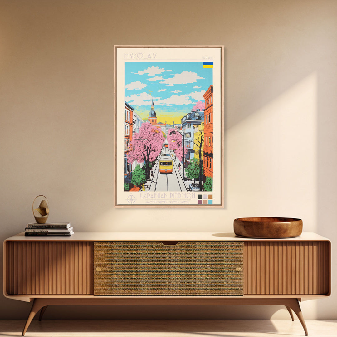Mykolaiv Ukraine Travel Poster Framed Canvas Print, Midcentury Modern Art, Pop Art Wall Decor, Scenic Bedroom Art, Office Decoration