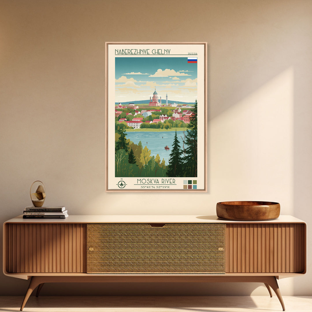 Naberezhnye Chelny Russia Travel Poster Framed Canvas Print, Midcentury Modern Art, Pop Art Wall Decor, Scenic Wall Art, Living Room Decoration, Office Art