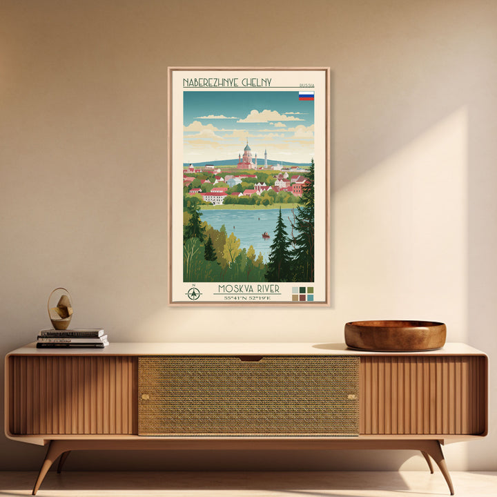 Naberezhnye Chelny Russia Travel Poster Framed Canvas Print, Midcentury Modern Art, Pop Art Wall Decor, Scenic Wall Art, Living Room Decoration, Office Art