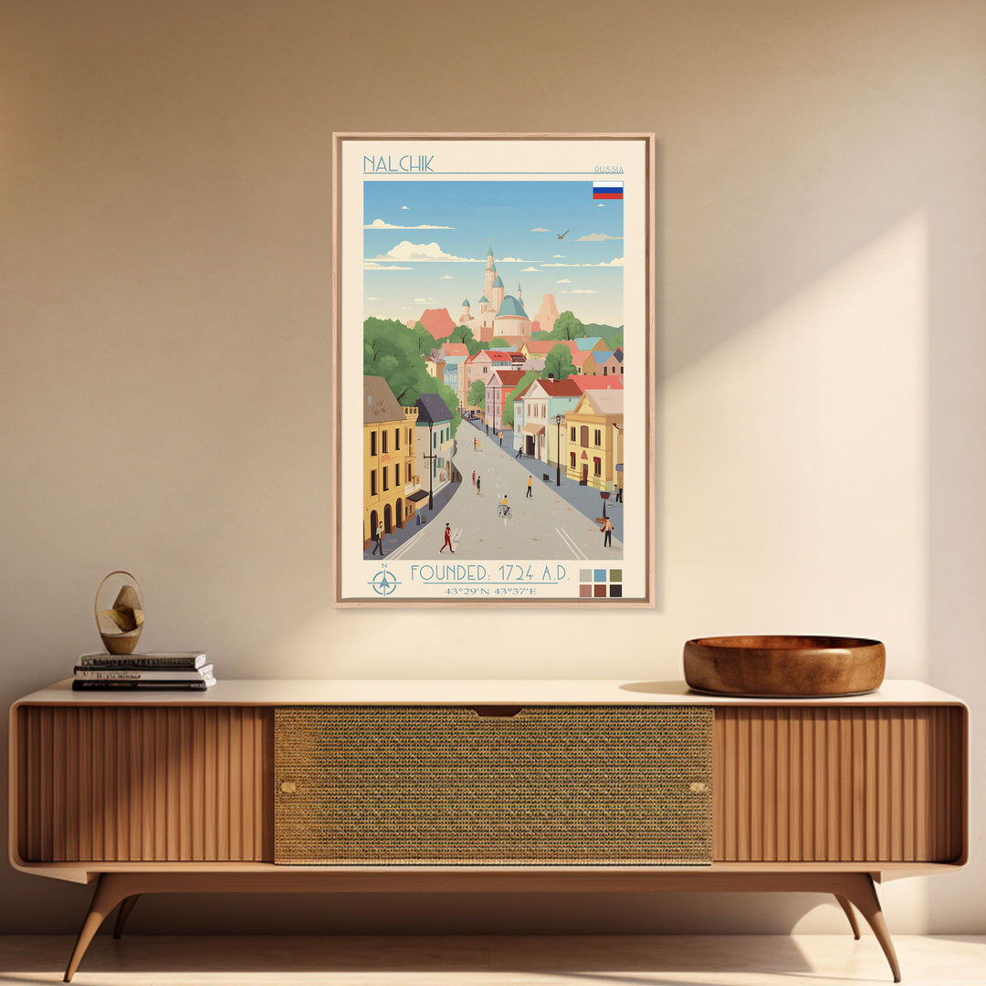 Nalchik Russia Travel Poster Framed Canvas Print, Midcentury Modern Art, Pop Art Wall Decor, Home Decor, Vacation Gift, Bedroom Art