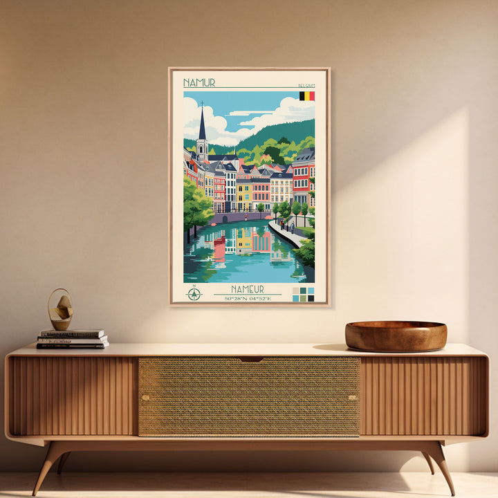 Namur Belgium Travel Poster Framed Canvas Print, Midcentury Modern Art, Pop Art Wall Decor, Scenic Wall Art, Living Room Decoration, Office Gift