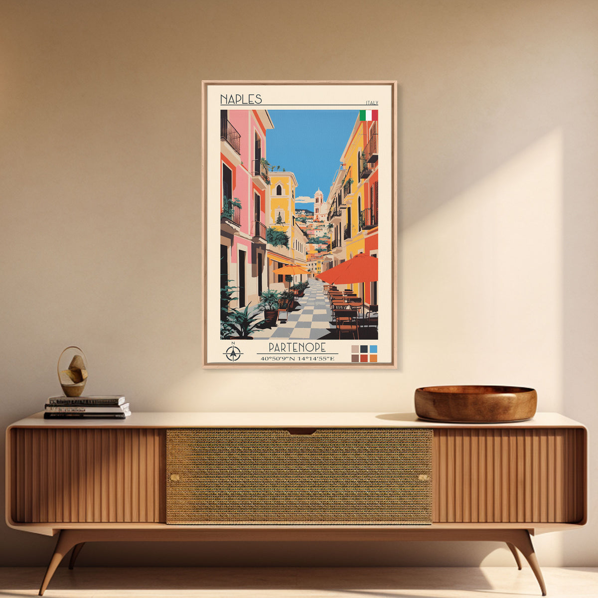 Naples Italy Travel Poster Framed Canvas Print, Midcentury Modern Art, Pop Art Wall Decor, Scenic Wall Art, Living Room Decoration, Office Art
