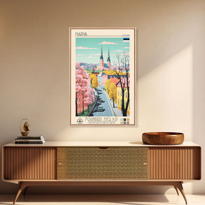 Narva Estonia Travel Poster Framed Canvas Print, Midcentury Modern Art, Pop Art Wall Decor, Scenic Bedroom Art, Office Decoration