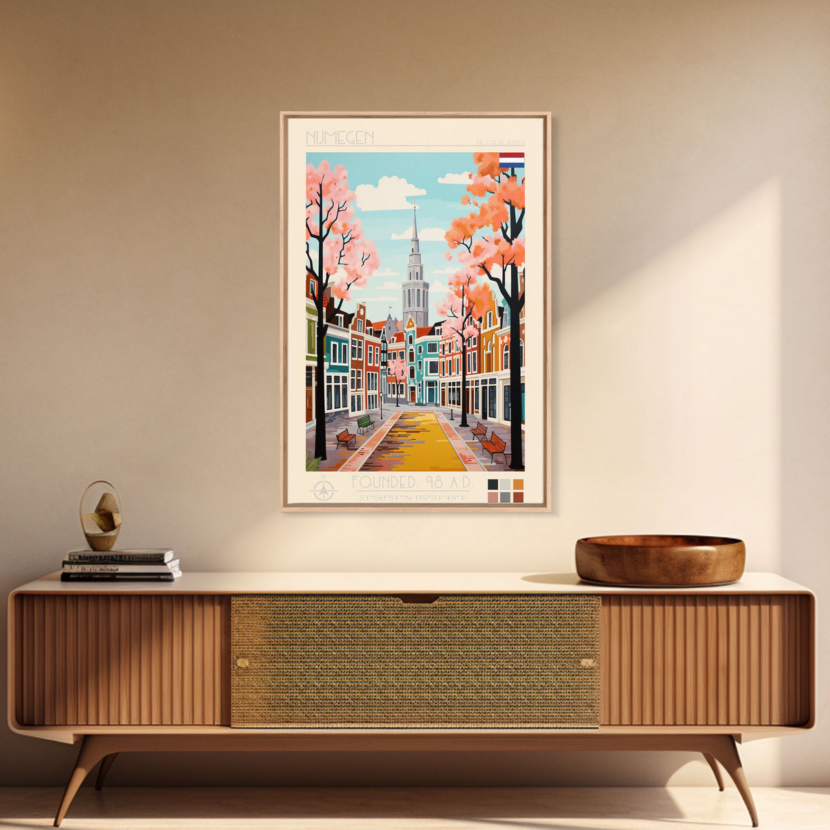 Nijmegen Netherlands Travel Poster Framed Canvas Print, Midcentury Modern Art, Pop Art Wall Decor, Scenic Living Room Art, Bedroom Gift