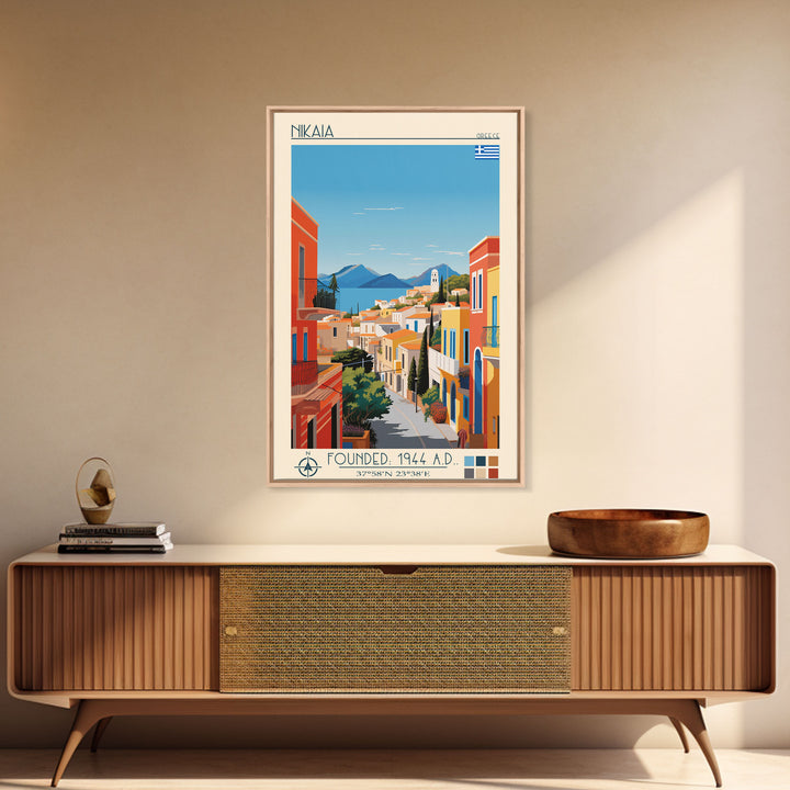 Nikaia Greece Travel Poster Framed Canvas Print, Midcentury Modern Art, Pop Art Wall Decor, Scenic Wall Art, Living Room Decoration, Office Art