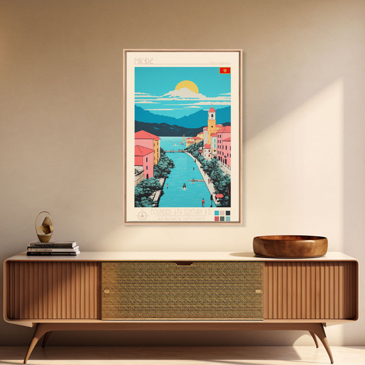 Nikšić Montenegro Travel Poster Framed Canvas Print, Midcentury Modern Art, Pop Art Wall Decor, Home Decor, Vacation Gift, Bedroom Art