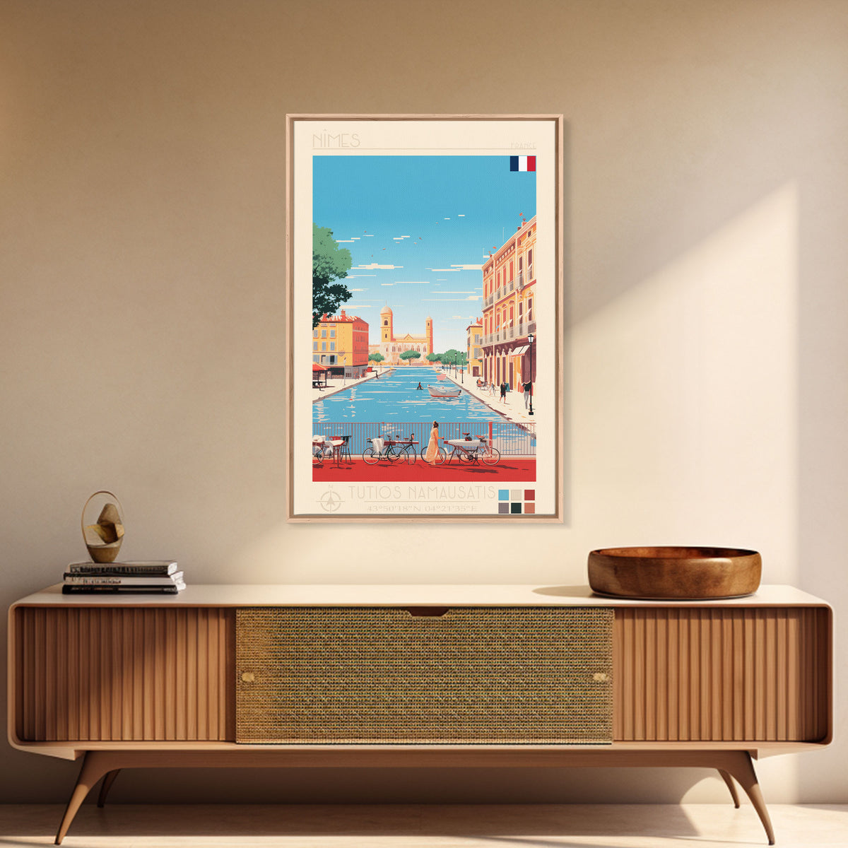 Nimes France Travel Poster Framed Canvas Print, Midcentury Modern Art, Pop Art Wall Decor, Scenic Living Room Art, Bedroom Gift