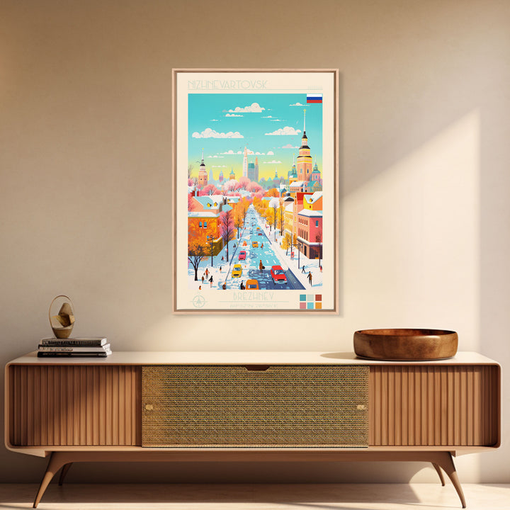 Nizhnevartovsk Russia Travel Poster Framed Canvas Print, Midcentury Modern Art, Pop Art Wall Decor, Scenic Wall Art, Living Room Decoration, Office Art