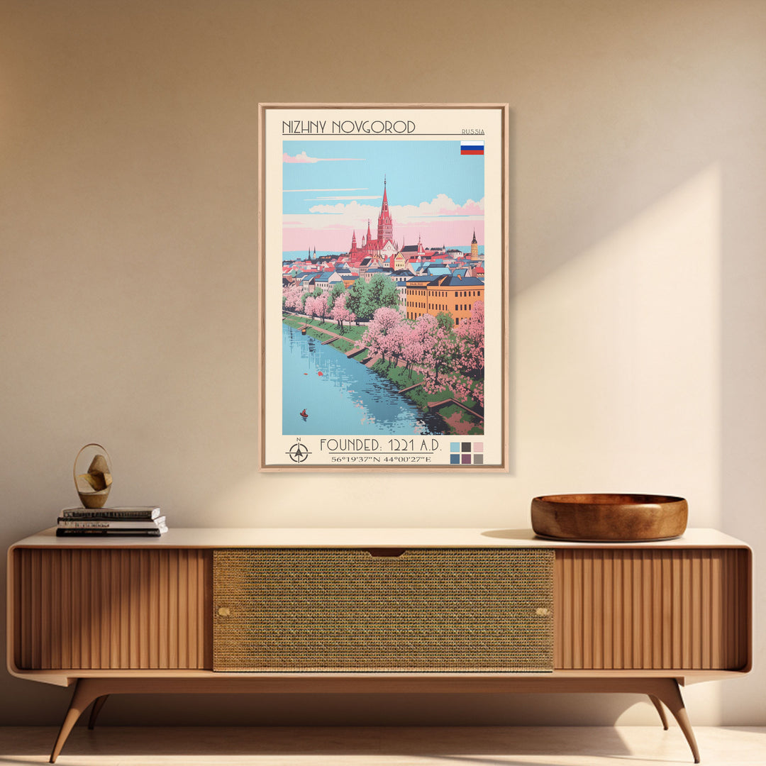 Nizhny Novgorod Russia Travel Poster Framed Canvas Print, Midcentury Modern Art, Pop Art Wall Decor, Scenic Bedroom Art, Office Decoration