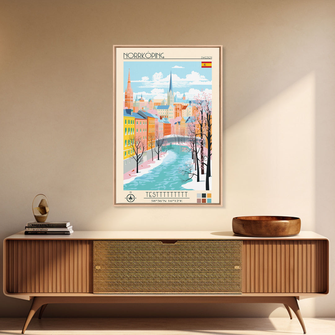 Norrköping Sweden Travel Poster Framed Canvas Print, Midcentury Modern Art, Pop Art Wall Decor, Home Decor, Vacation Gift, Office Art