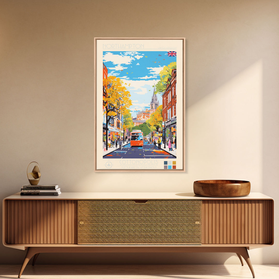 Northampton United Kingdom Travel Poster Framed Canvas Print, Midcentury Modern Art, Pop Art Wall Decor, Scenic Living Room Art, Bedroom Gift