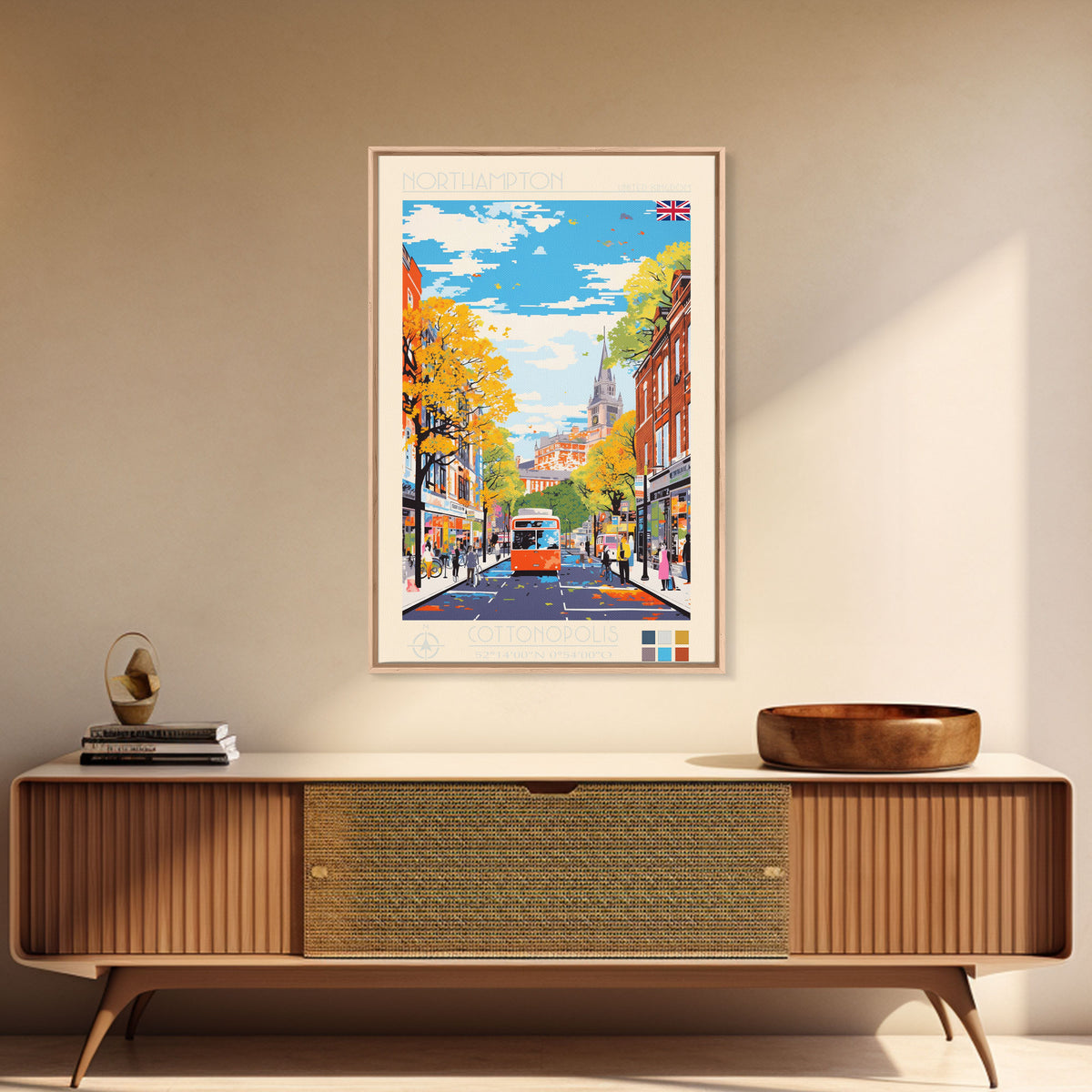 Northampton United Kingdom Travel Poster Framed Canvas Print, Midcentury Modern Art, Pop Art Wall Decor, Scenic Living Room Art, Bedroom Gift