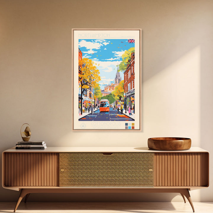 Northampton United Kingdom Travel Poster Framed Canvas Print, Midcentury Modern Art, Pop Art Wall Decor, Scenic Living Room Art, Bedroom Gift