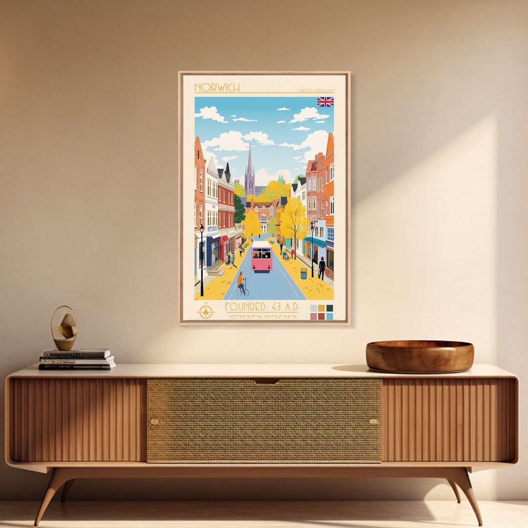Norwich United Kingdom Travel Poster Framed Canvas Print, Midcentury Modern Art, Pop Art Wall Decor, Scenic Wall Art, Living Room Decoration, Office Art
