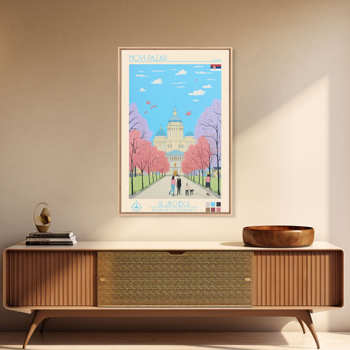 Novi Pazar Serbia Travel Poster Framed Canvas Print, Midcentury Modern Art, Pop Art Wall Decor, Scenic Wall Art, Living Room Decoration, Office Gift