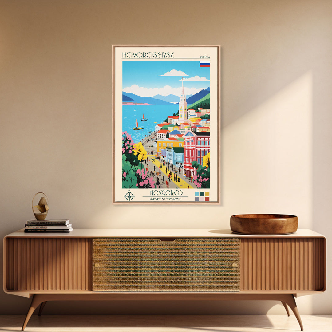Novorossiysk Russia Travel Poster Framed Canvas Print, Midcentury Modern Art, Pop Art Wall Decor, Scenic Bedroom Art, Office Decoration