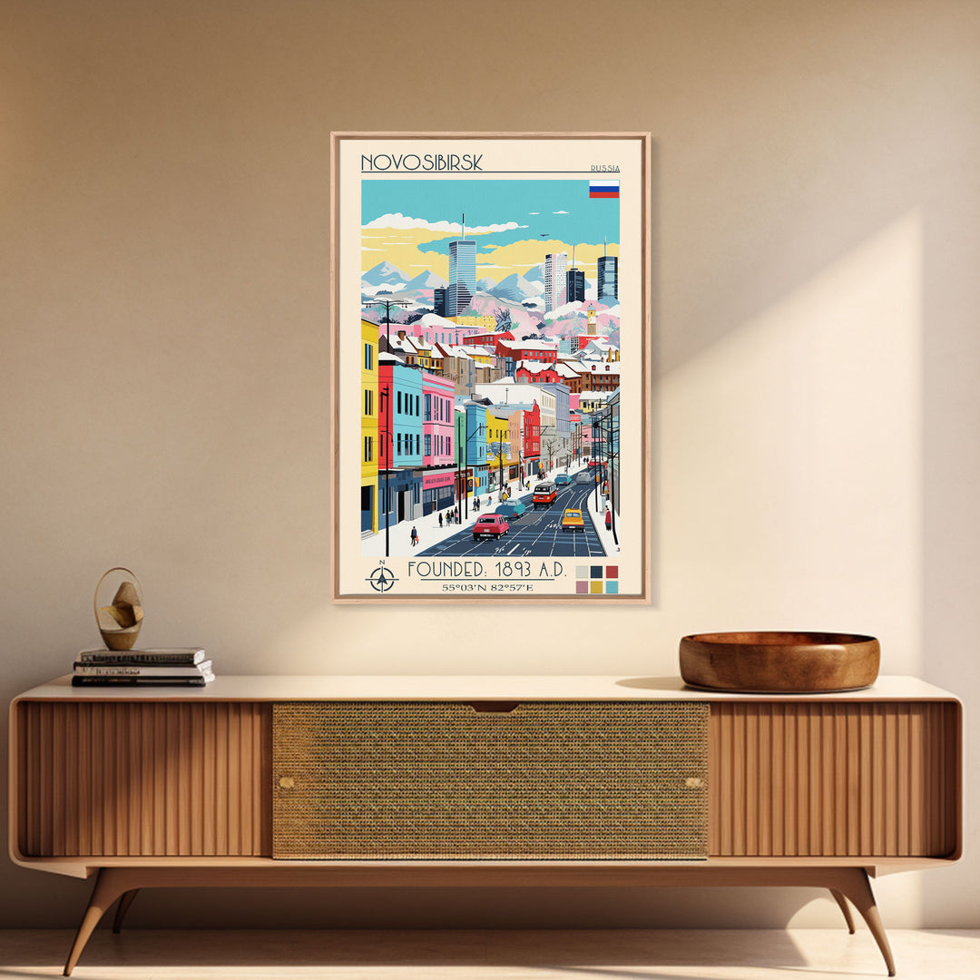 Novosibirsk Russia Travel Poster Framed Canvas Print, Midcentury Modern Art, Pop Art Wall Decor, Scenic Living Room Art, Bedroom Decor