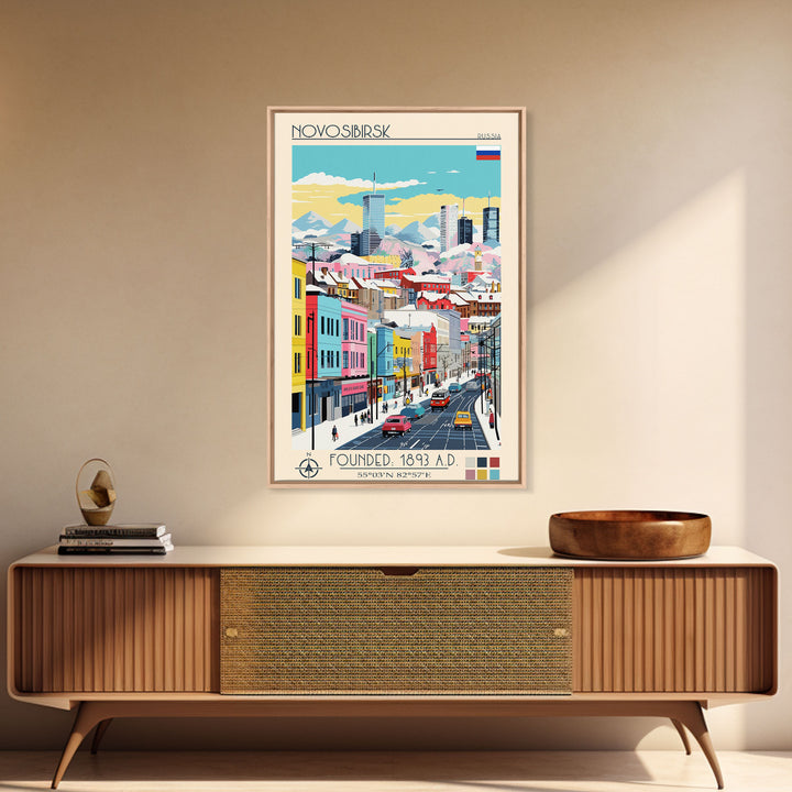 Novosibirsk Russia Travel Poster Framed Canvas Print, Midcentury Modern Art, Pop Art Wall Decor, Scenic Living Room Art, Bedroom Decor
