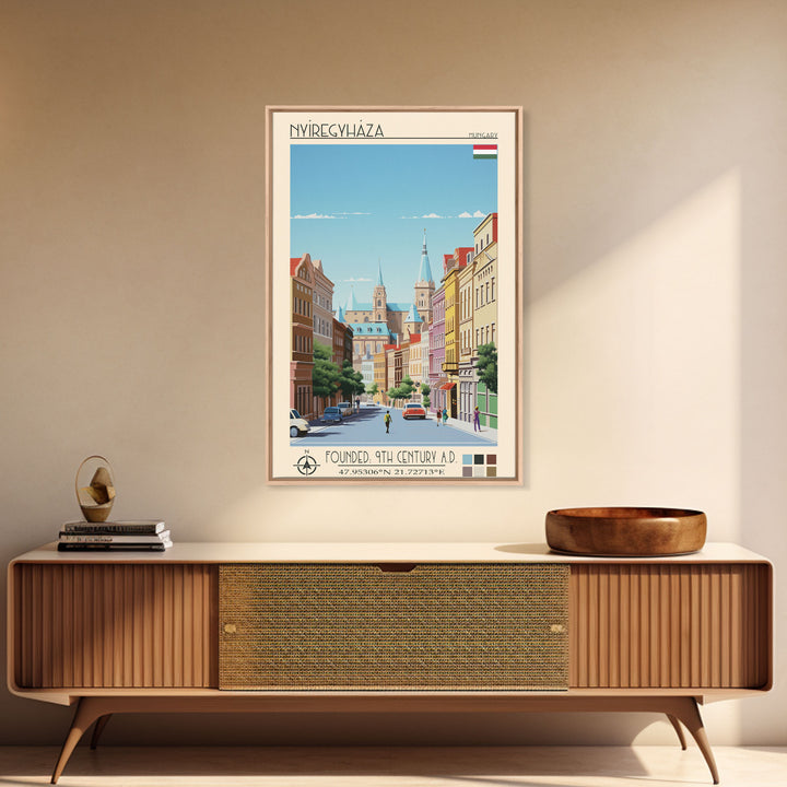 Nyíregyháza Hungary Travel Poster Framed Canvas Print, Midcentury Modern Art, Pop Art Wall Decor, Home Decor, Vacation Gift, Office Art