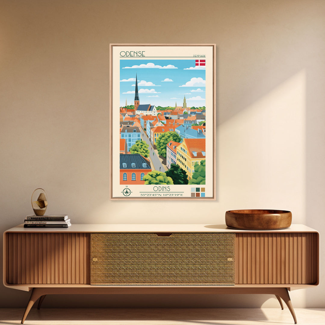 Odense Denmark Travel Poster Framed Canvas Print, Midcentury Modern Art, Pop Art Wall Decor, Scenic Wall Art, Living Room Decoration, Office Art