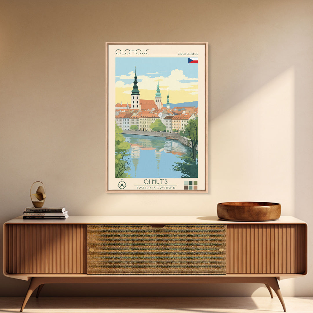Olomouc Czech Republic Travel Poster Framed Canvas Print, Midcentury Modern Art, Pop Art Wall Decor, Scenic Wall Art, Living Room Decoration, Office Gift