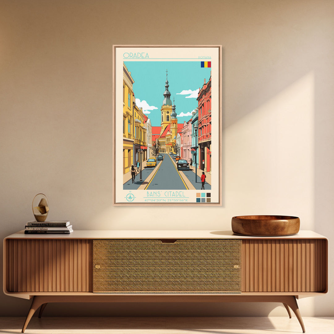 Oradea Romania Travel Poster Framed Canvas Print, Midcentury Modern Art, Pop Art Wall Decor, Scenic Bedroom Art, Office Decoration