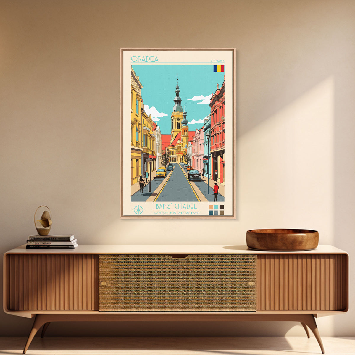 Oradea Romania Travel Poster Framed Canvas Print, Midcentury Modern Art, Pop Art Wall Decor, Scenic Bedroom Art, Office Decoration
