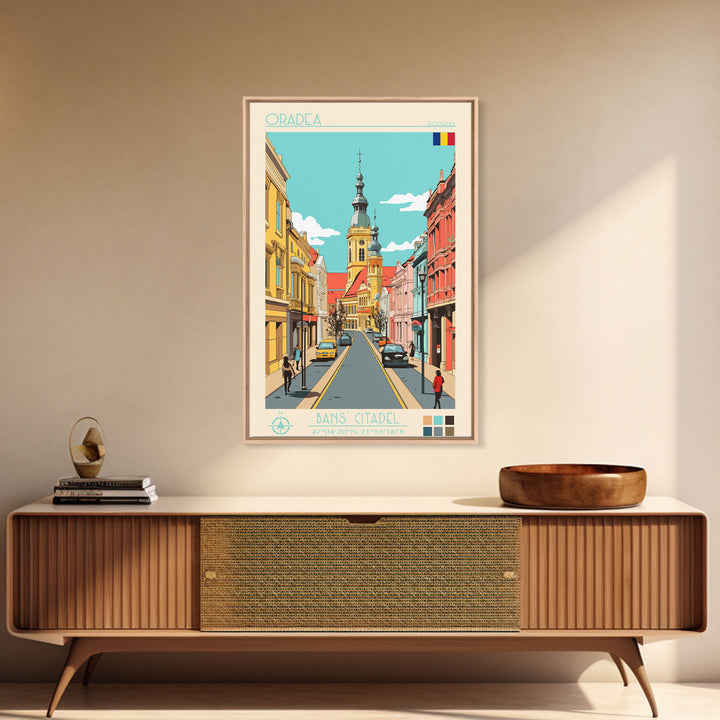 Oradea Romania Travel Poster Framed Canvas Print, Midcentury Modern Art, Pop Art Wall Decor, Scenic Bedroom Art, Office Decoration