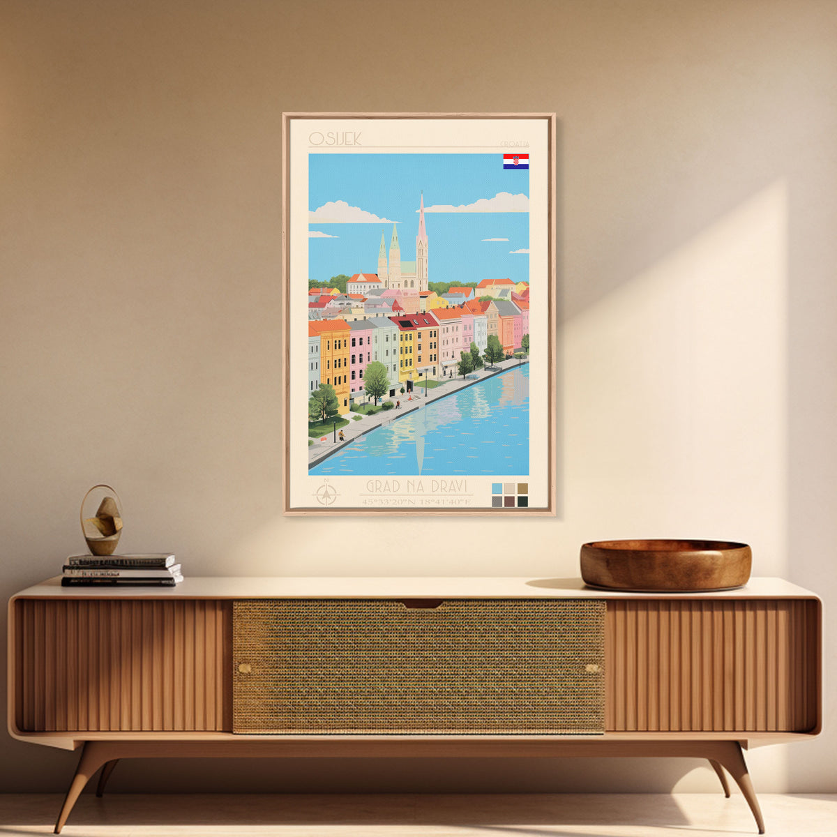 Osijek Croatia Travel Poster Framed Canvas Print, Midcentury Modern Art, Pop Art Wall Decor, Home Decor, Vacation Gift, Office Art