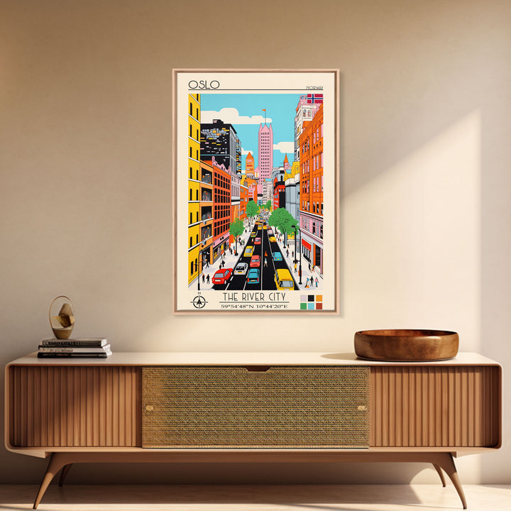 Oslo Norway Travel Poster Framed Canvas Print, Midcentury Modern Art, Pop Art Wall Decor, Scenic Living Room Art, Bedroom Gift